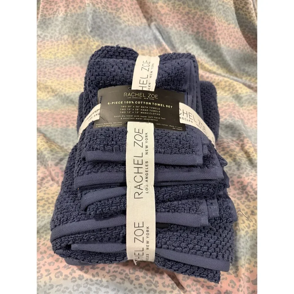 Rachel Zoe 6-Piece 100% Cotton Towel Set Neutral navy BLUE BNWT